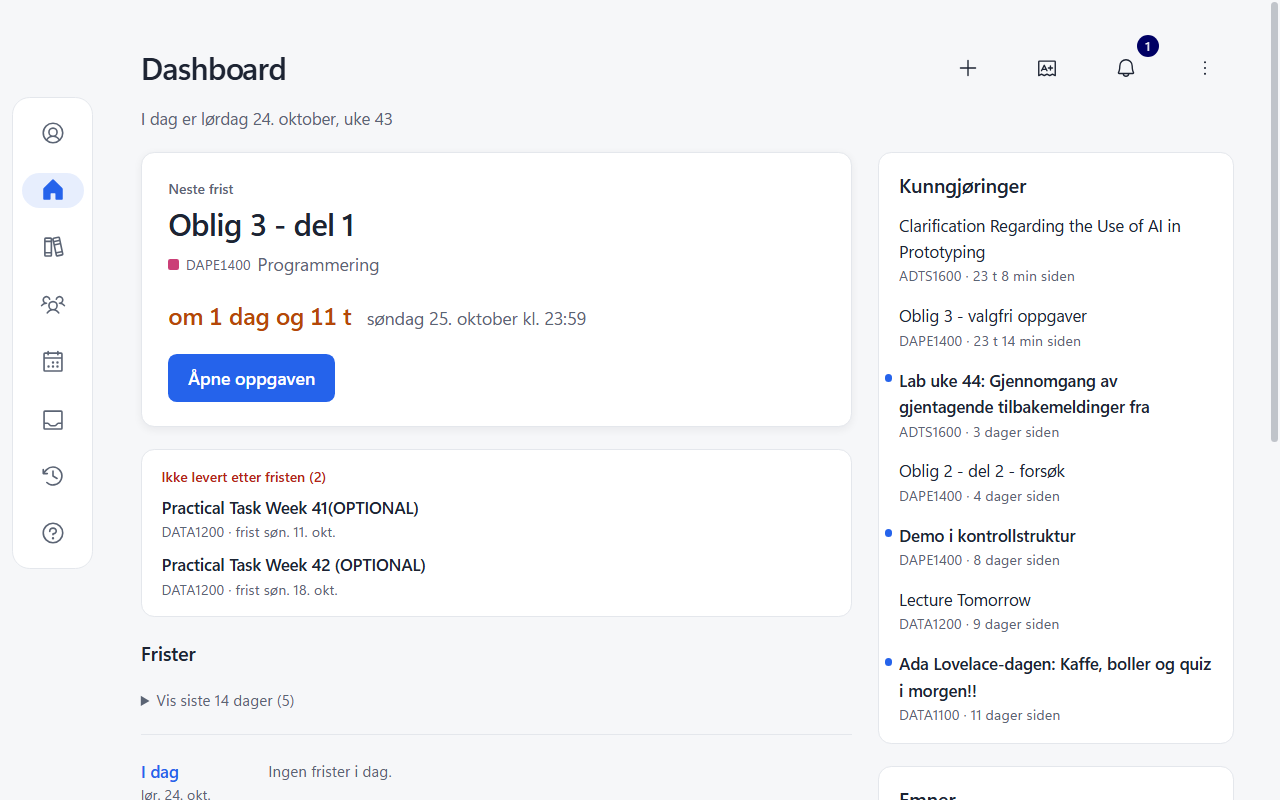 Dashboardet med Bedre Canvas: neste frist øverst med nedtelling, oppgaver som ikke er levert, kunngjøringer og emner.