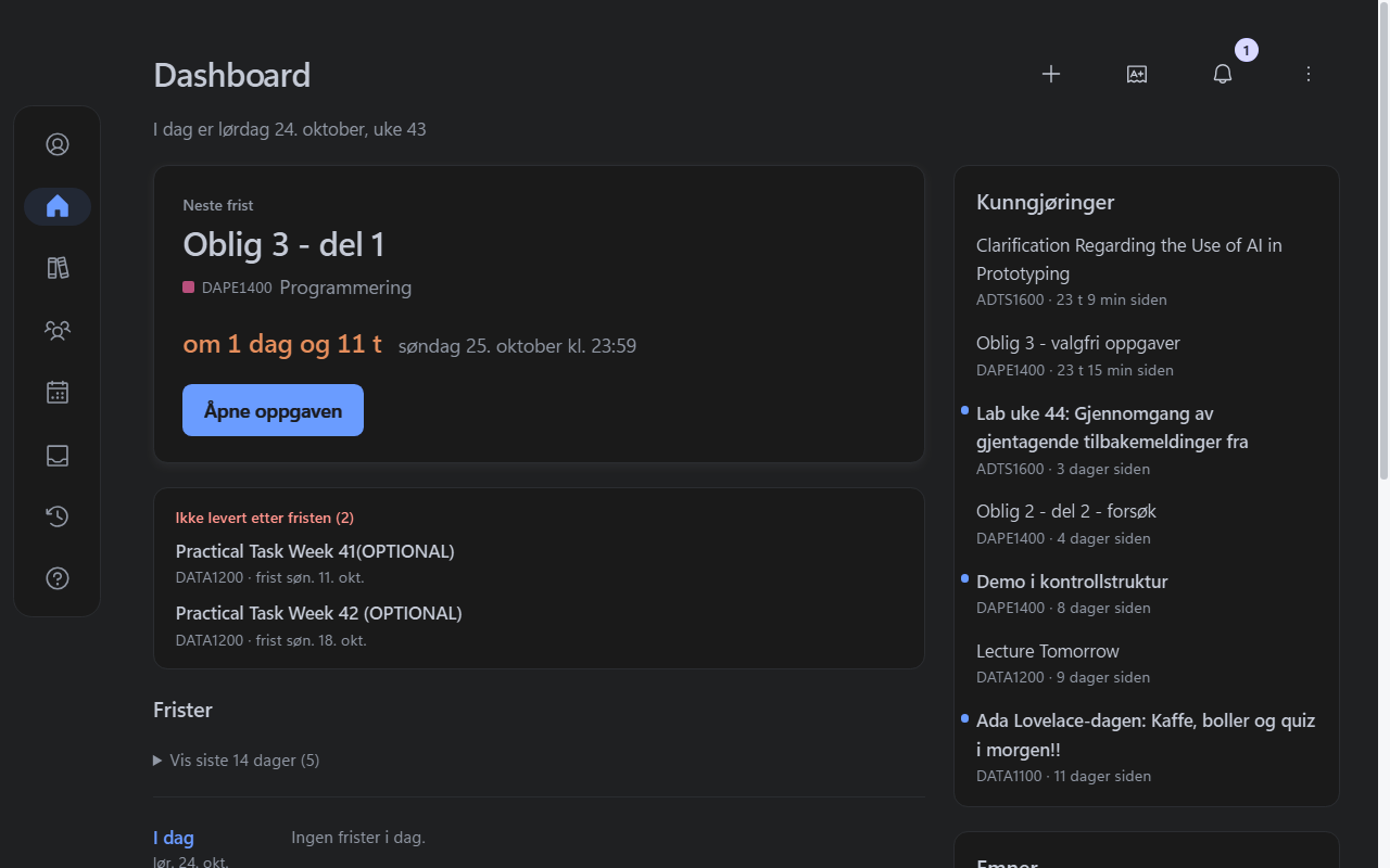 Dashboardet i mørkt tema.